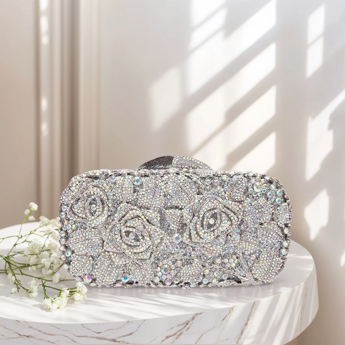 

Glam Women Floral Rhinestone Evening Clutch Dazzling Crystal Purse Shiny Diamond Handbag for Wedding Party