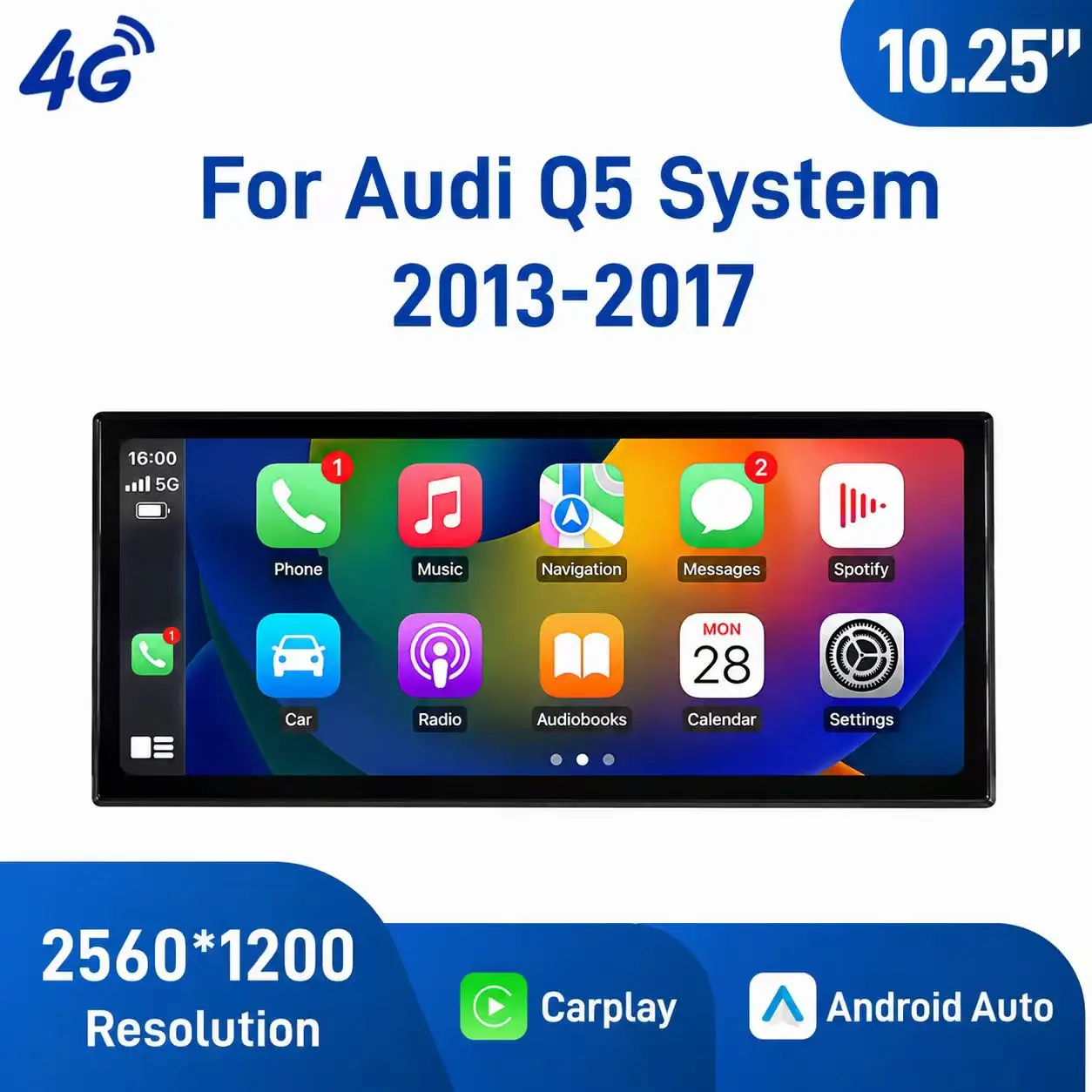 10.25 Inch Android Car Navigation for Audi Q5 2013-2017 High Trim GPS Bluetooth WiFi Apple CarPlay Android Auto Touch Screen