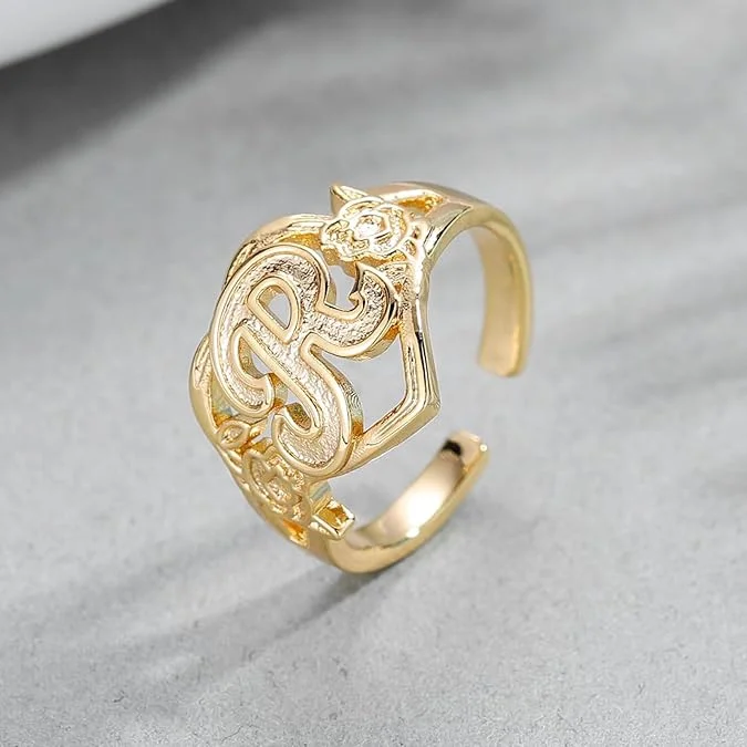 Qitian Gold Initials Heart Letter Ring For Women Fashion Hip Hop Jewelry Personalized Adjustable Letter Rings Mother\'s Day Gifts