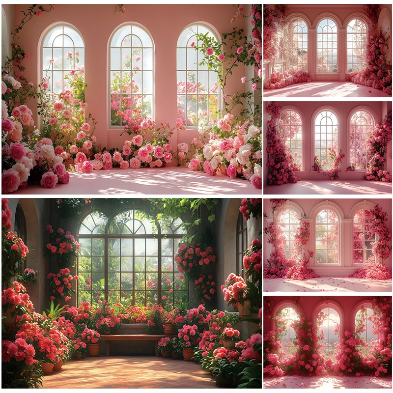 

Spring Pink Flower Window Sunshine Wedding Backdrop for Photography Girl Birthday Party Romantic Bridal Shower Photo Background