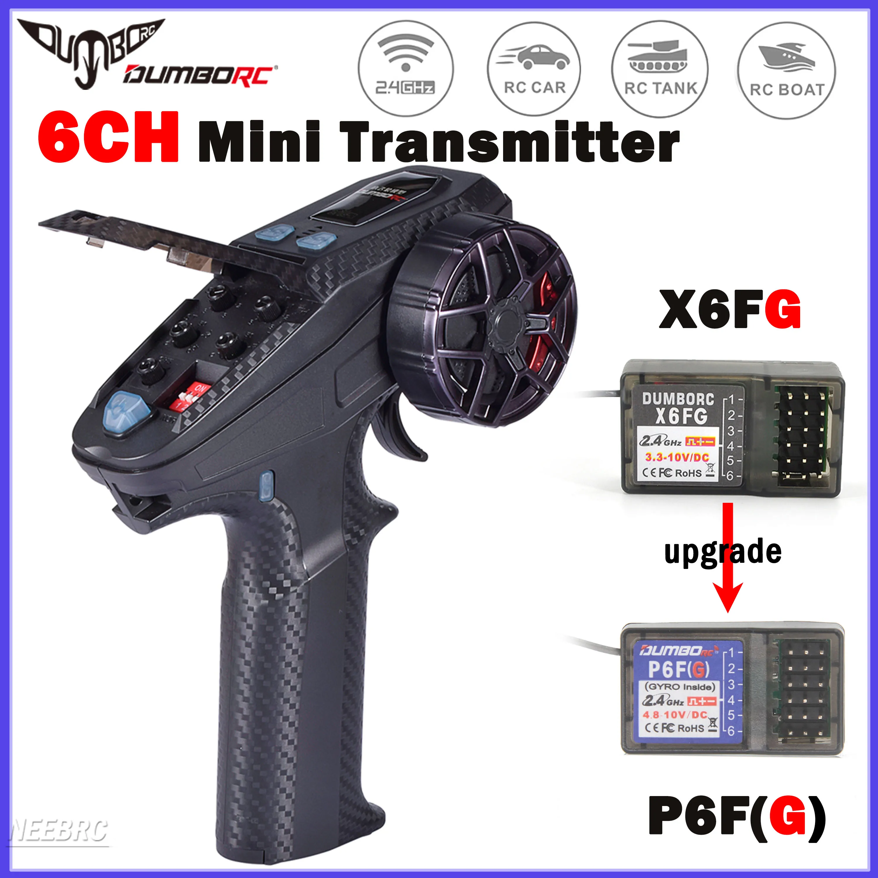 DUMBORC X6PM-350 6CH 2.4GHZ Mini Transmitter 4.8-12V X6FG P6FG Gyro Receiver Brake for Remote Control Car Boat Tank Model Part