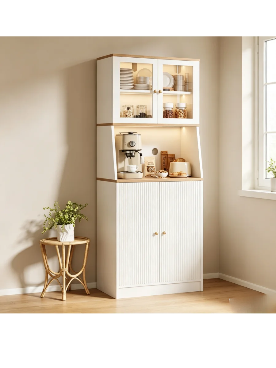 Simurq Küchenschrank mit Arbeitsplatte, Buffetschrank, Küchenbuffet mit 4 Türen und offenem Küchenschrank, Küchenbuffet mit Glastüren für Küche, Wohnzimmer und Esszimmer, Weiß