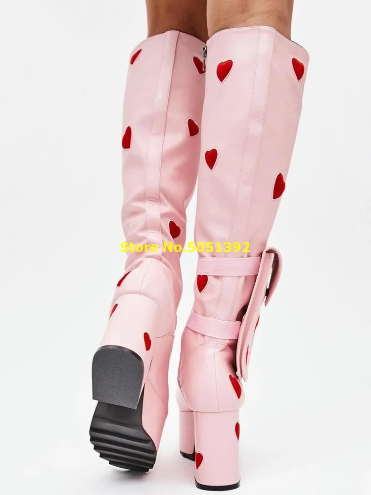 Pink Lovely Knee High Boots Leather Construction Red Heart Patches All Over Front Lace Up Platform Purse Chunky Heel Boots