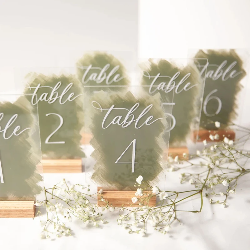 Hand Painted Back Acrylic Table Numbers Wedding Signs Table Numbers Sign Sage Acrylic with Bases Calligraphy Plexiglass Sign