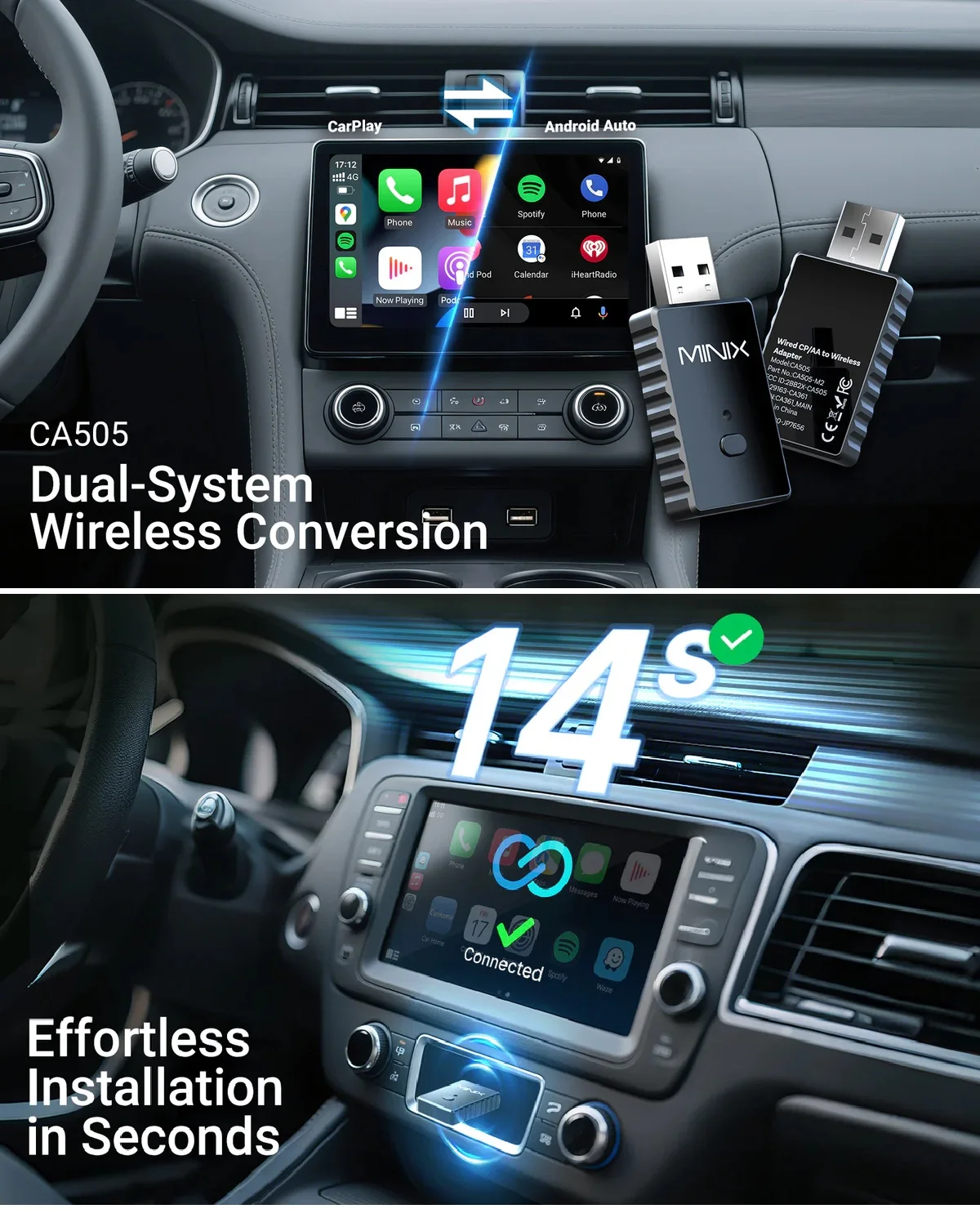 MINIX CA505 Wired to Wireless CarPlay Adapter & Android Auto, WiFi 6 Bluetooth 5.4 Plug & Play for iPhone Samsung Google Pixel