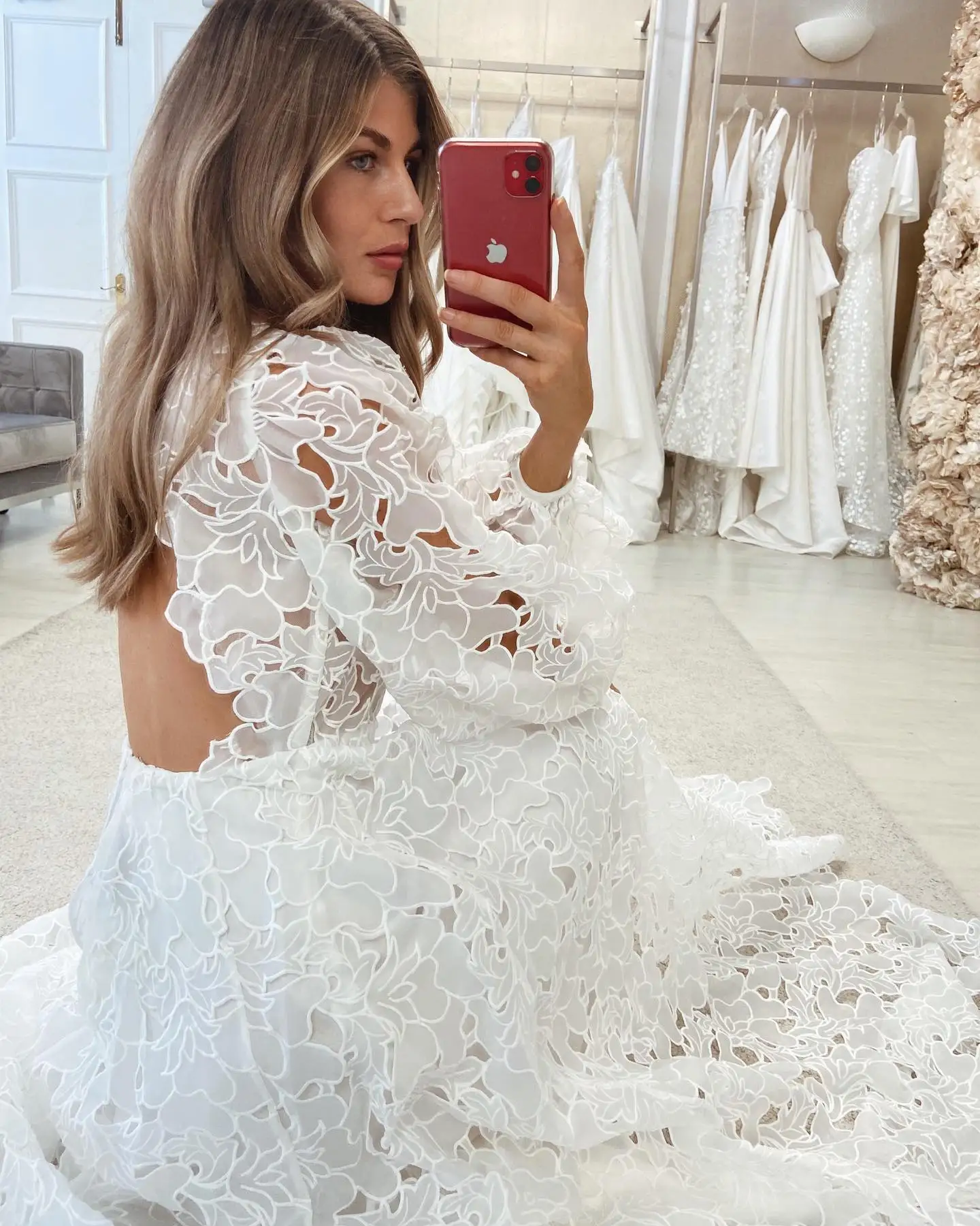 Bohemian Full Lace Wedding Dress Scoop Neck Long Sleeve Appliqued Beach Boho Bridal Gowns Sweep Train vestido de novia