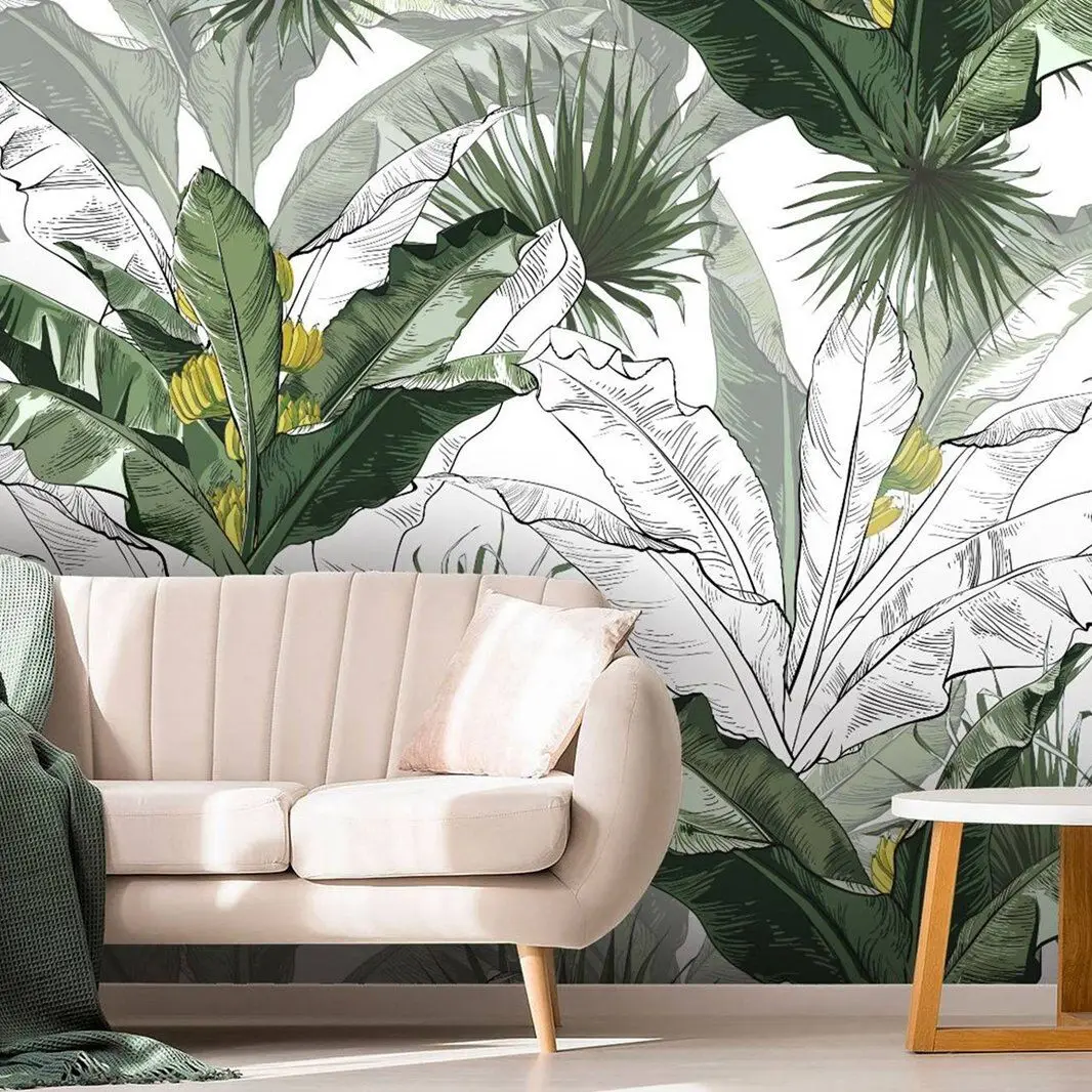 Charcoal Banana Leaf Wallpaper Wallpaper Mural, Tropical Jungle Leaves Removable Wallpaper