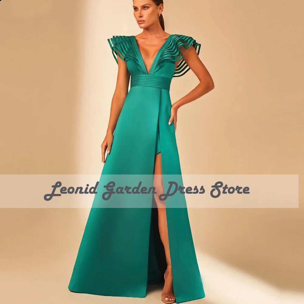 Green Satin Evening Dresses A-Line Prom Dress Shory Sleeves Elegant For Women Side Split Wedding Guest Party Gowns فستان سهرة