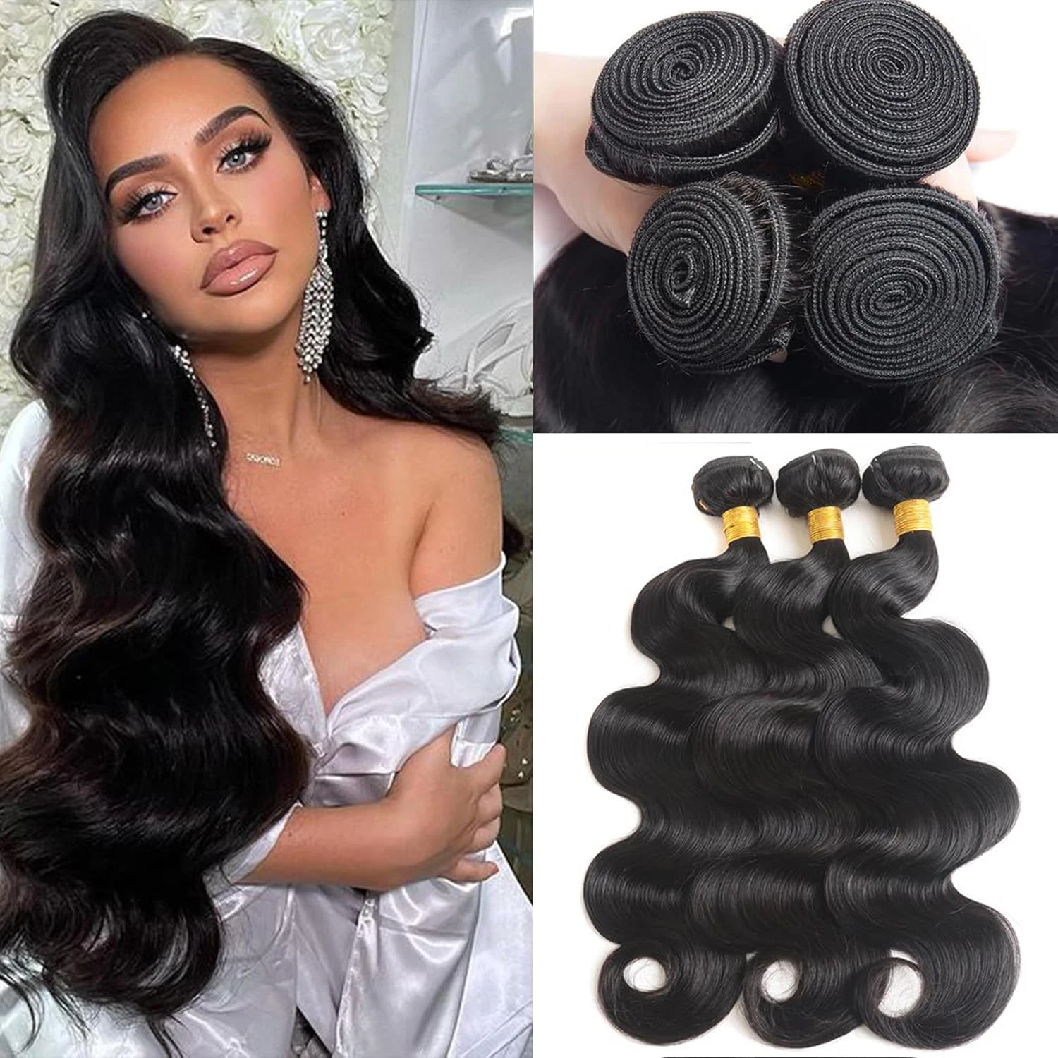 Mechones de ondas corporales, extensiones de cabello humano 100% cabello virgen brasileño sin procesar, 1/3/4 mechones tejidos de Color negro Natural para mujeres