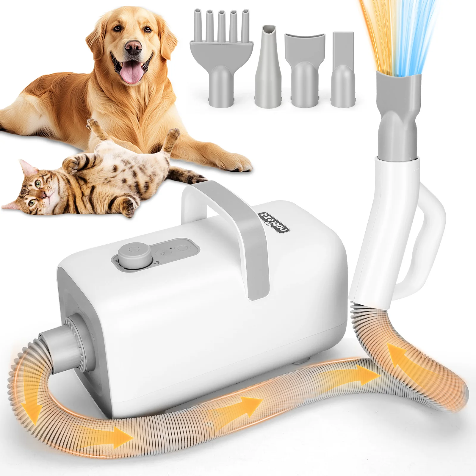 Nobleza Pet Blower Secador para Perros Profesional 2000W, Secador de Pelo para Mascotas con 4 Boquillas, 3 Velocidades y Temperatura Ajustable, Manguera Extensible 2M, Ideal para Peluquerías y Hogares