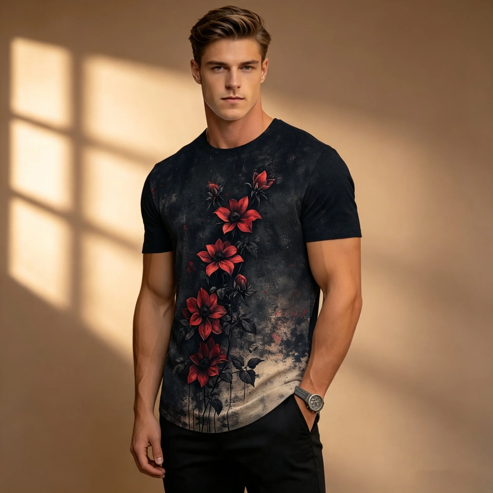 Men Vintage Red Flower Printed Short Sleeve T Shirt Retro Distressed Black Crew Neck Casual Street Fashion Tops