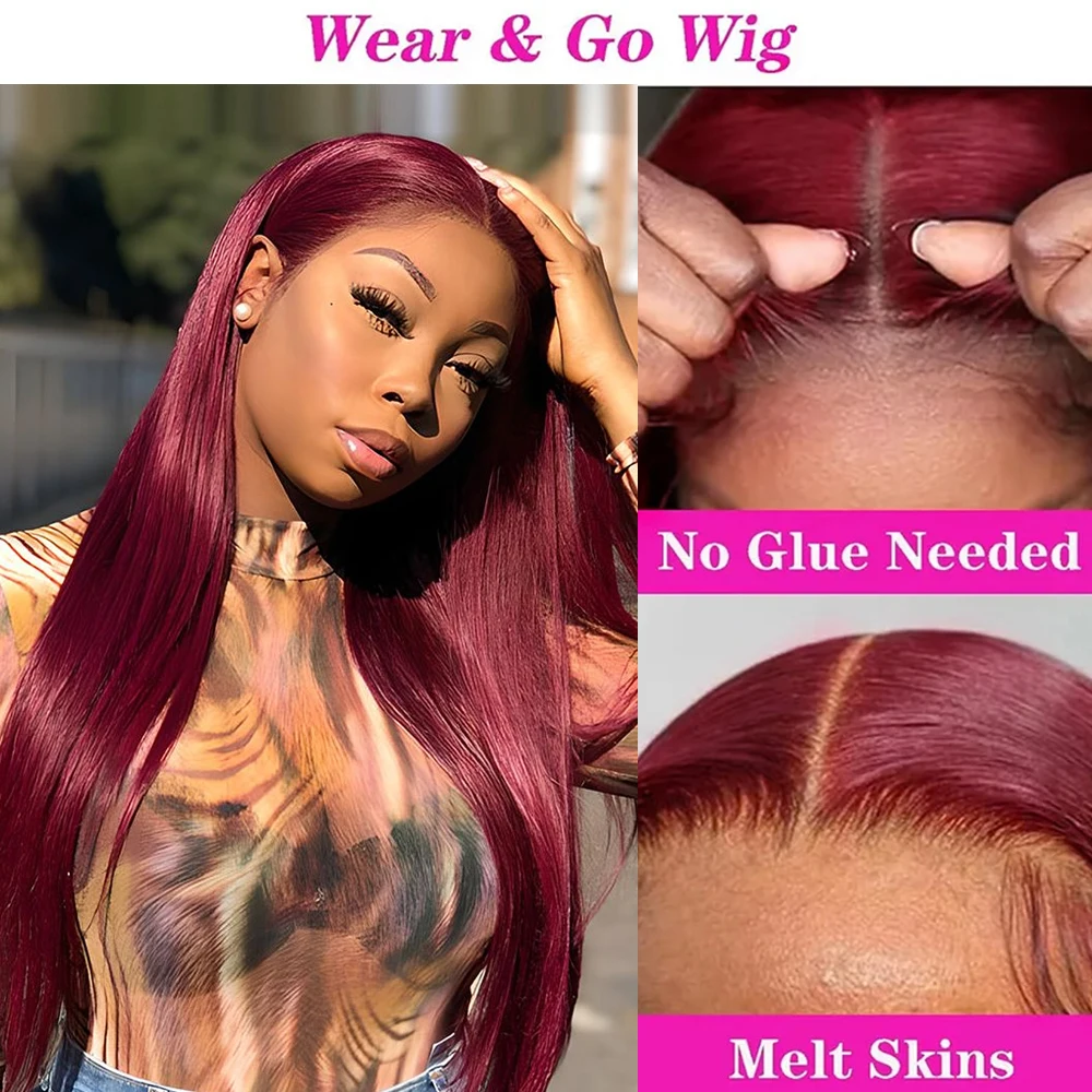 Burgundy Glueless Human Hair Ready To Wear And Go PrePlucked Straight 13x6 Hd Lace Frontal Wigs For Women Wig On Sale 30 36 Inch