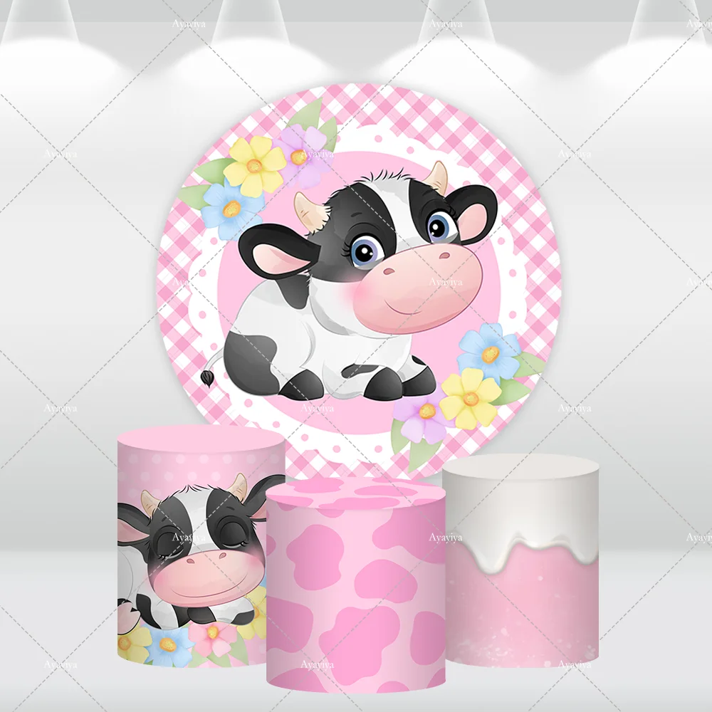 

Cow theme Party Supplies Round Circle Backdrop Cover for Baby Shower Decoration Pink Farm Girls Birthday Photo Background Banner