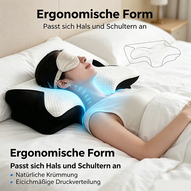Oreiller Cervical Ergonomique En Mousse À Mémoire De Forme Avec Zone De Traction Ciblée Pour Soulager Les Cervicales, Respirant Et Anti-Transpirant, Adapté Au Sommeil Sur Le Dos Et Sur Le Côté.