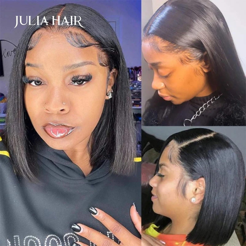 

Julia Hair Short Straight Lace Frontal Bob Wigs Pre Plucked With Baby Hairs Along The Hairline 100% Human Hair Without Bangs