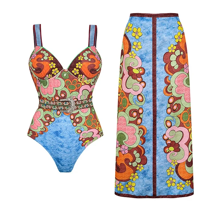 2024  Women Blue Sling Color Block Printed One Piece Swimsuit Set Swimwear Bathing Suit Bikini Monokini Beach dress Women's  2PC