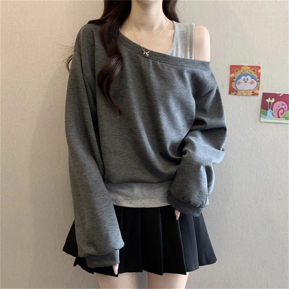 Solide Zweiteilige Unregelmäßige Kontrast-Trend-Oberteile Frühling Herbst Locker Sitzende Alltagstaugliche Street-Casual-T-Shirts Modische Lässige Damenkleidung – Detail 16
