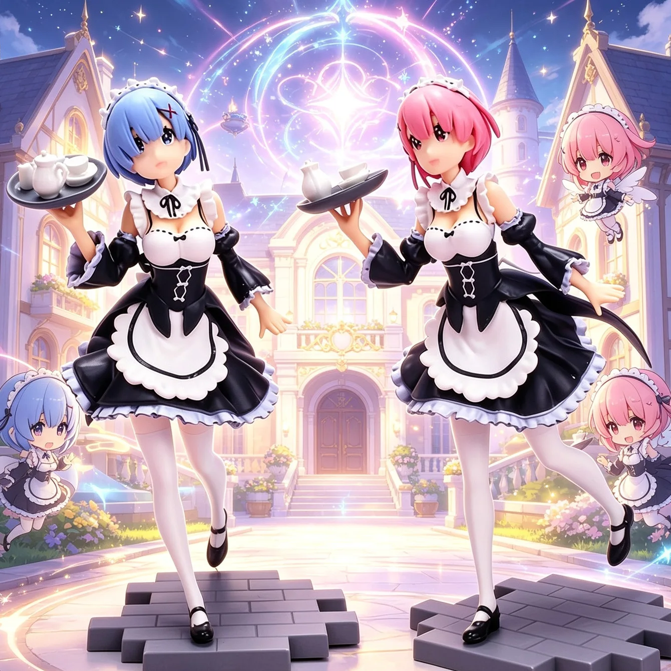 Rem & Ram Anime Maid Style Collectible Figure Set, 2-Piece Re:Zero Character Inspired PVC Statues, Desktop Display Models