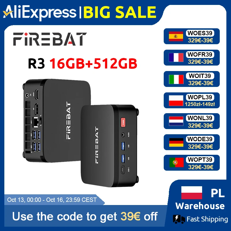 FIREBAT R3 Mini-PC Neuer AMD Ryzen 5 7430U 16GB LPDDR4 RAM 512GB SSD Wi-Fi 6 BT5.2 USB 3.0 Windows 11 Gaming Desktop Mini-Computer