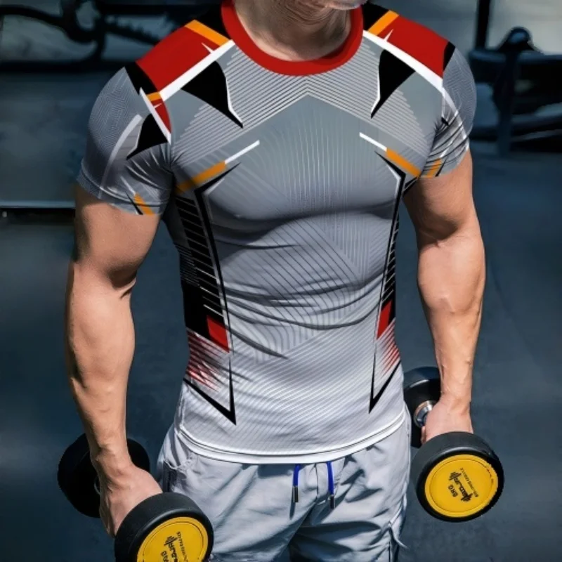 Men's Grey Red Black Orange Geometric Line Compression T-Shirt Muscle Fit Crew Neck Short Sleeve Quick Dry Stretch Breathable Gy