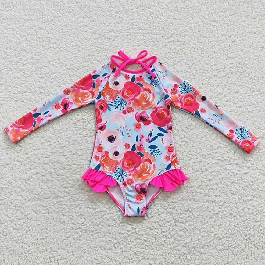 Toddler Girls Clothes Bathing Suits Long Sleeve Flower Print Kids One Piece Baby Summer Swimsuit Outfits