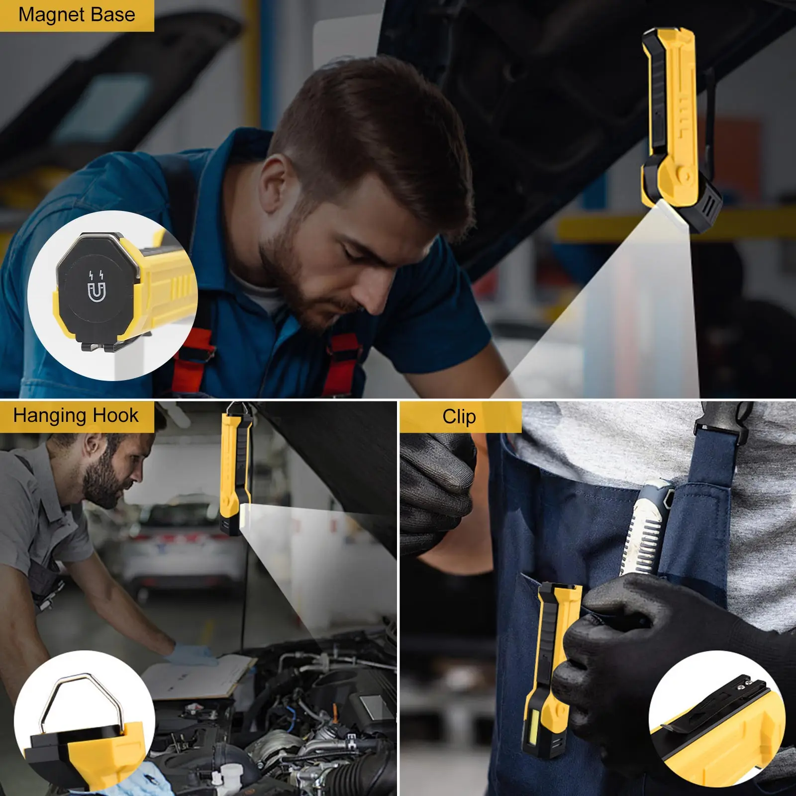 New Work Light Rechargable COB Led Work Light with Magnetic Base Foldable Car Flashlight for Car Repair Inspection Emergency