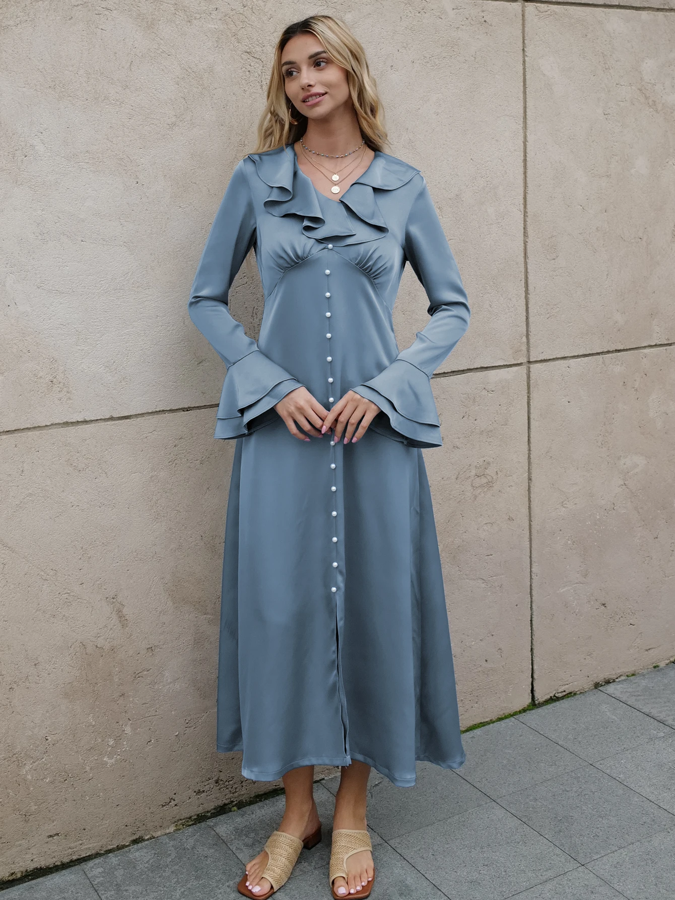 2024 Summer Fashion Blue Ruffles Peal Button Flare sleeve A Dress