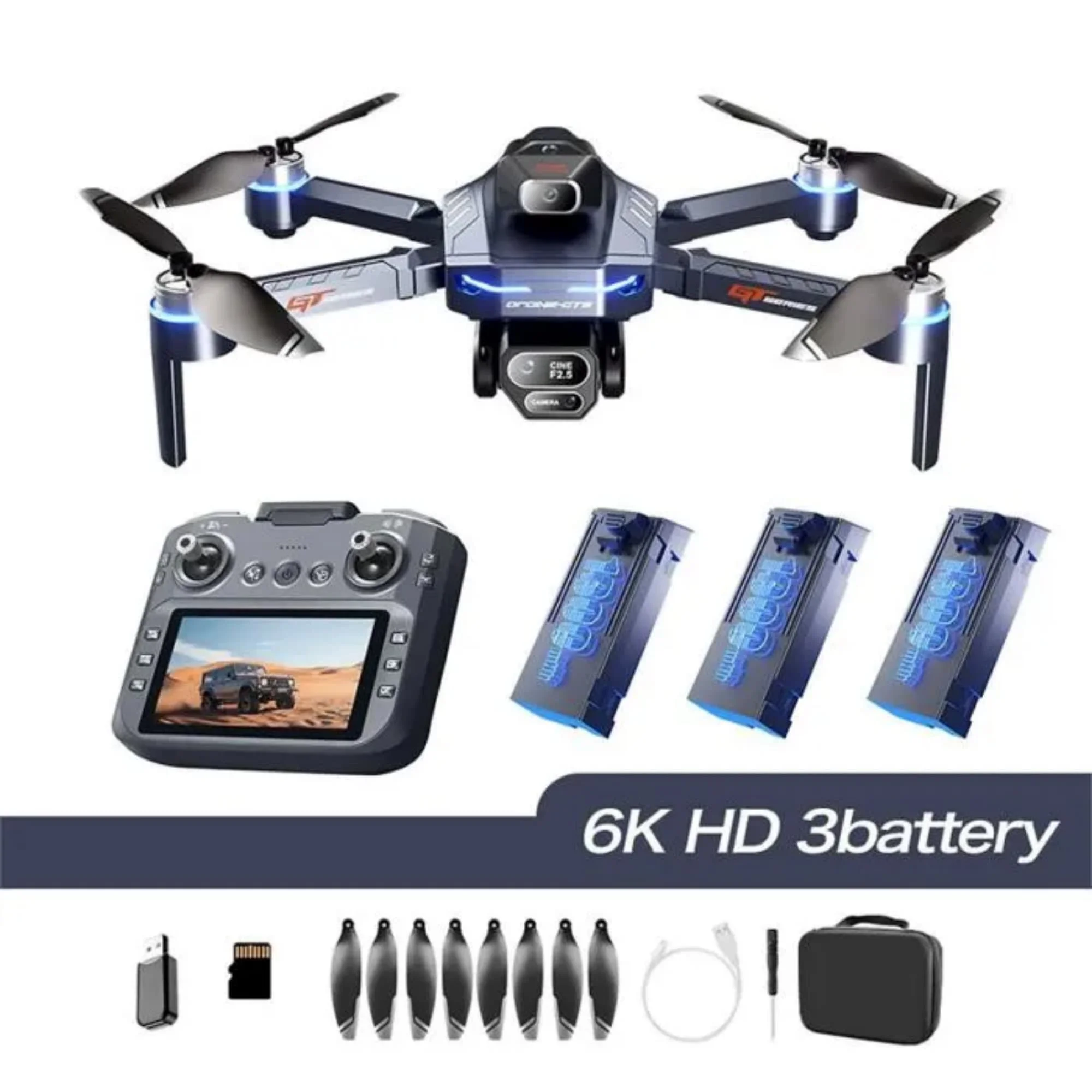 GT8 Foldable screen Remote Control drone 6K Dual Camera 4 Side Obstacle Avoidance Brushless Motor 3 Battery Complete Set Storage card & Accessories