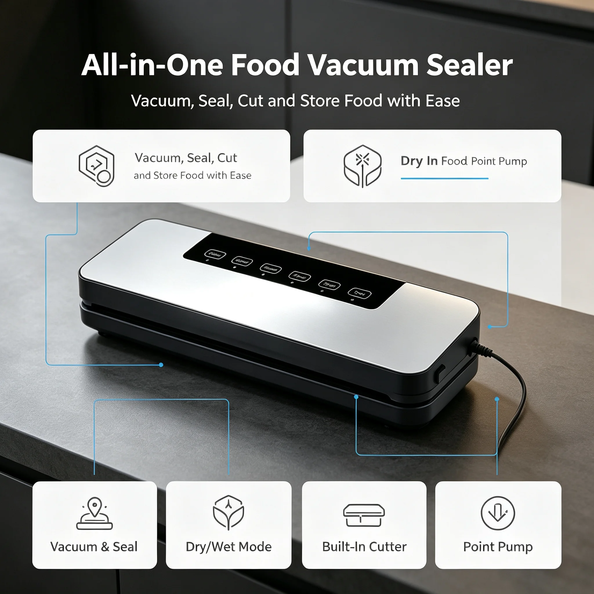 Household Vacuum Sealer, Built-in Sliding Cutter, One-Touch Electric Vacuum Packaging Machine for Kitchen Food Storage