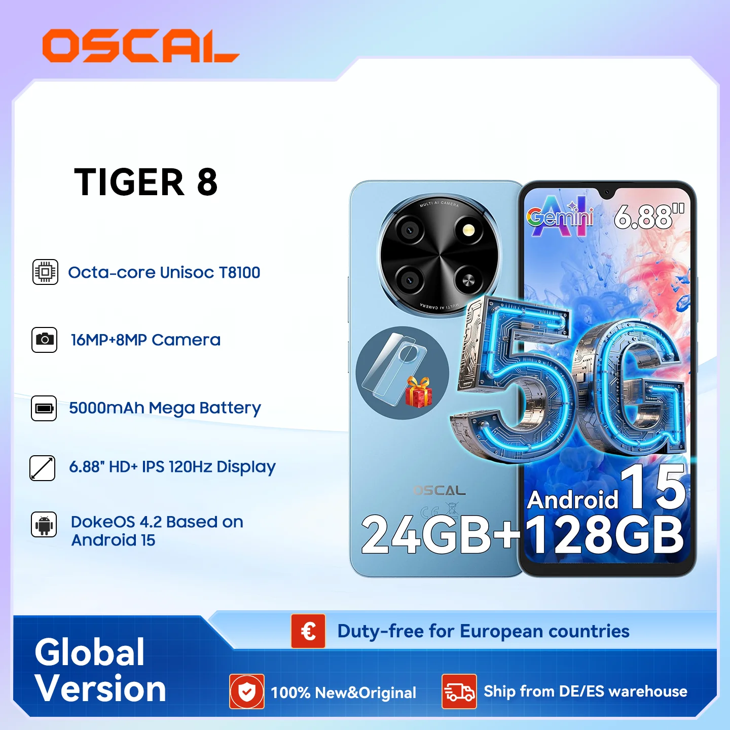 Blackview OSCAL TIGER 8 5G AI Smartphone 6.88 "120Hz affichage 8GB + 128GB stockage Unisoc T8100 processeur 5000mAh batterie Android 15