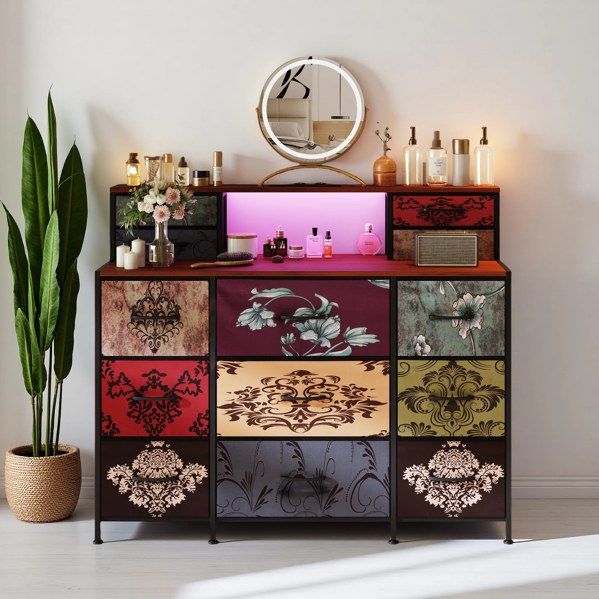 Commode avec éclairage LED, 13 tiroirs, coiffeuse, idéale pour chambre, salon, entrée ou bureau, 109 x 28 x 97 cm, coloris rétro