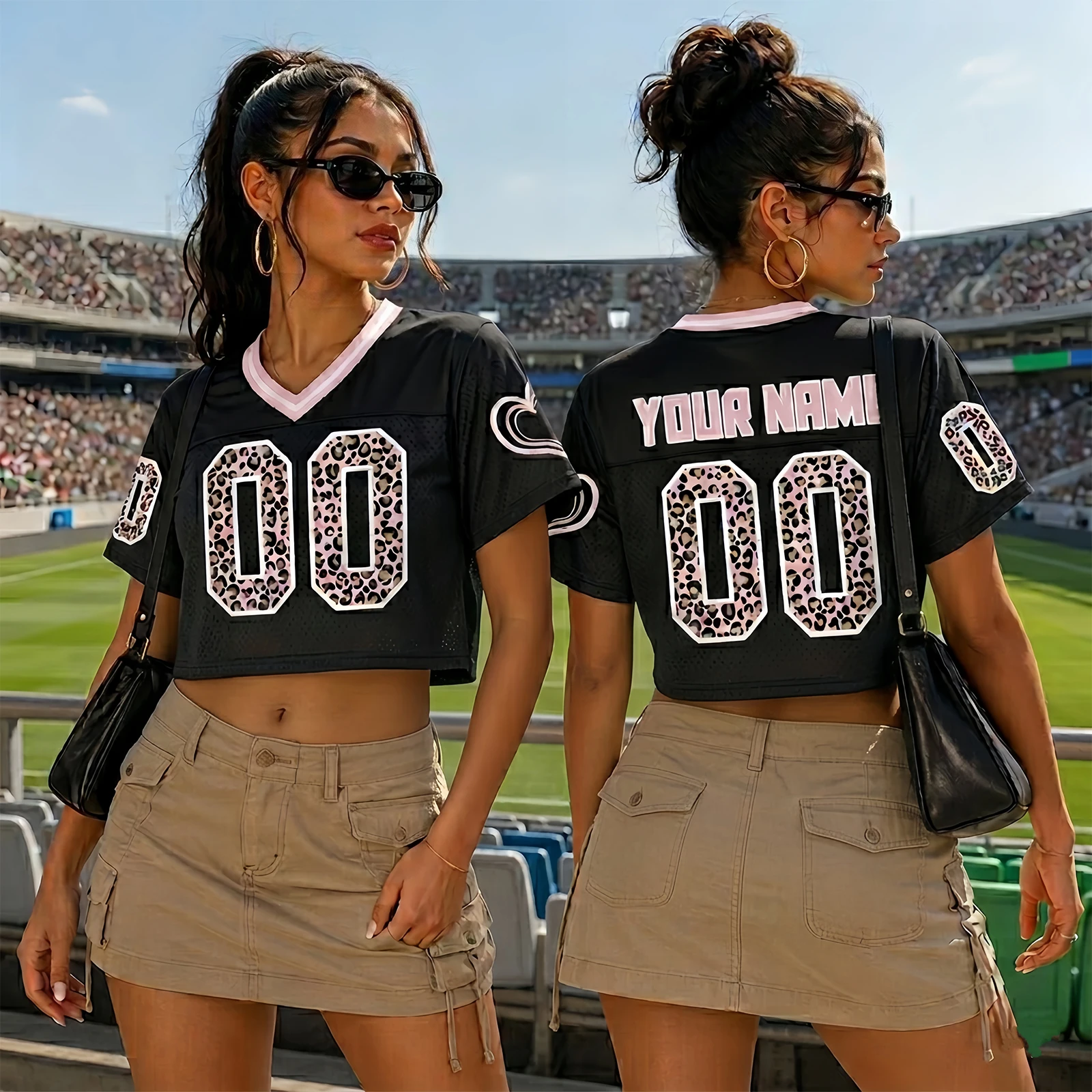 Custom Women Crop Football Jersey, Personalized Name & Number Leopard Cropped Top for Workout Dance Game Festival Cheerleader