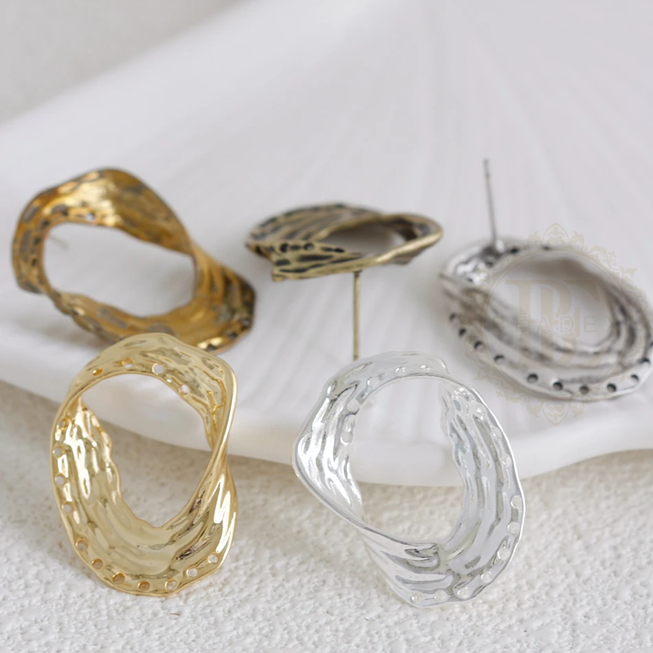 DIY Supply-2 Pieces Solid Brass Earring Post with Sterling Silver Pin - Multiple Holes Irregular 28.9x20.3mm (4923C-4)