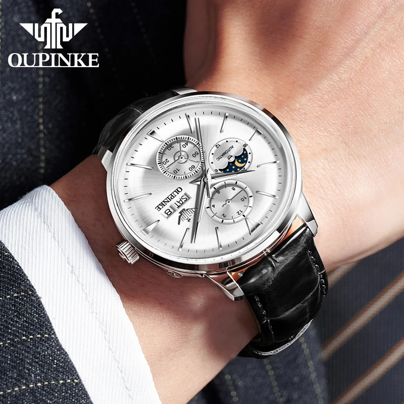 OUPINKE 3309 Orologio da uomo Originale di marca di lusso Movimento automatico Orologio meccanico Fasi lunari Design doppio calendario per uomo Data