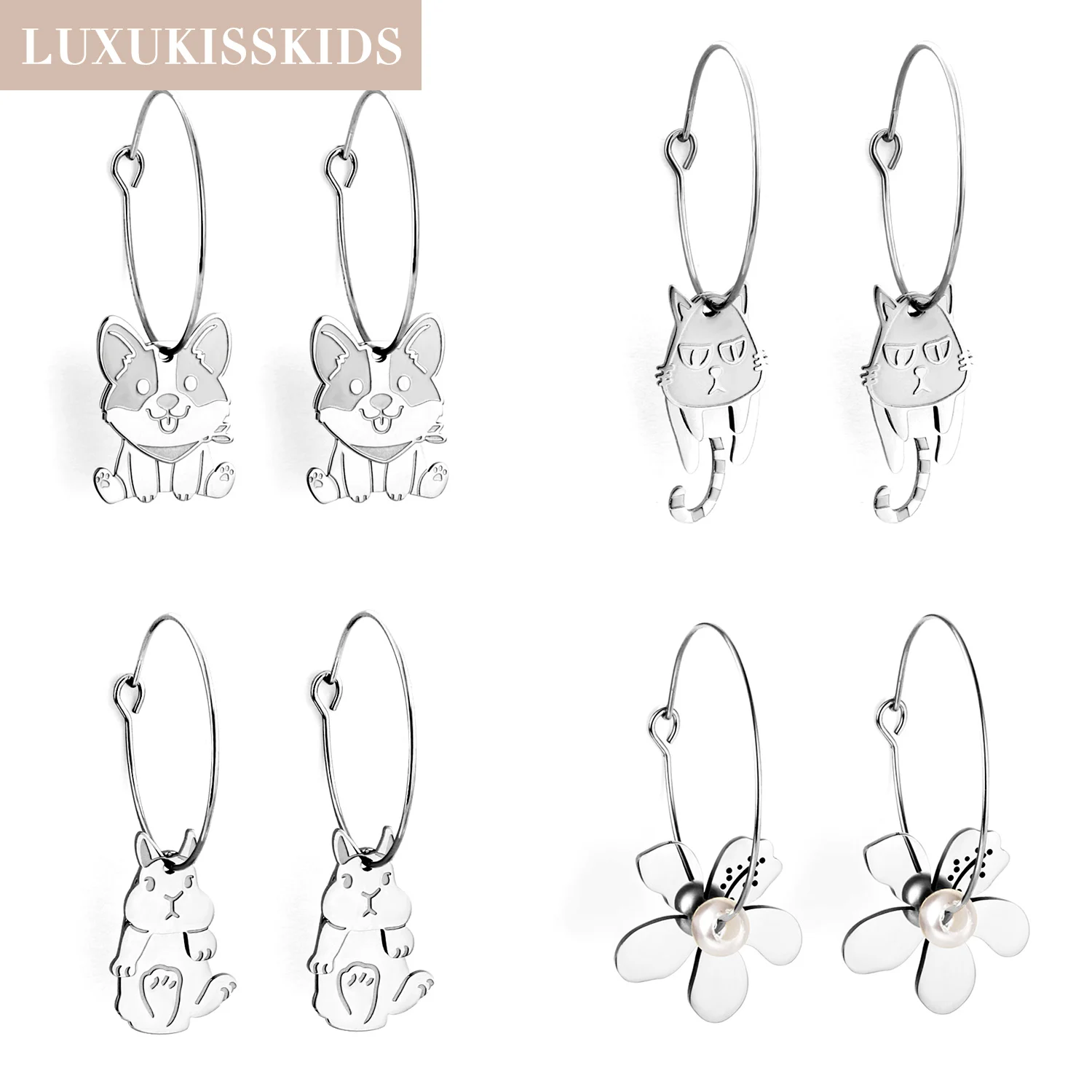 Luxukis skids Silber Farbe lässig niedlichen kleinen Tier großen runden Tropfen Ohrring Edelstahl romantischen Blumen schmuck für Frauen