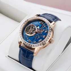 OBLVLO Fashion Men Hollow-out Automatic Watches Mechanical Rose Gold Case With Diamonds Calfskin Strap Waterproof Watch VMQ-ND