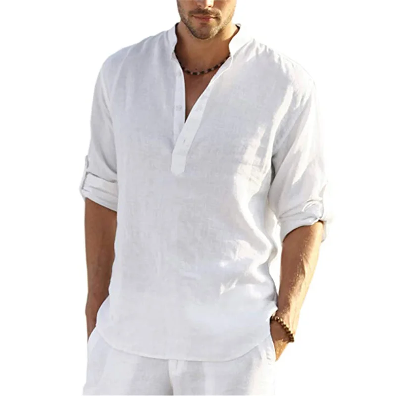 Men Cotton Linen Shirts Loose Casual V-neck Solid Color Tops Spring Summer Beach Fashion Simple Plus Size Long Sleeve Tee