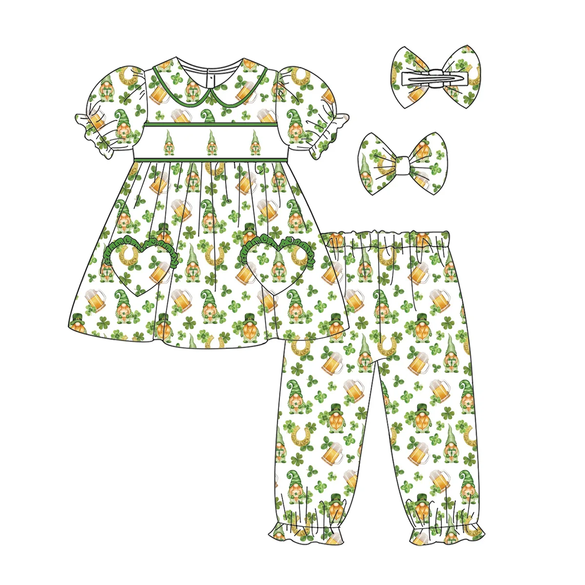 St. Parker's Day lapel short-sleeved long pants for girls boys long-sleeved set four-leaf clover print Boutique Children Set