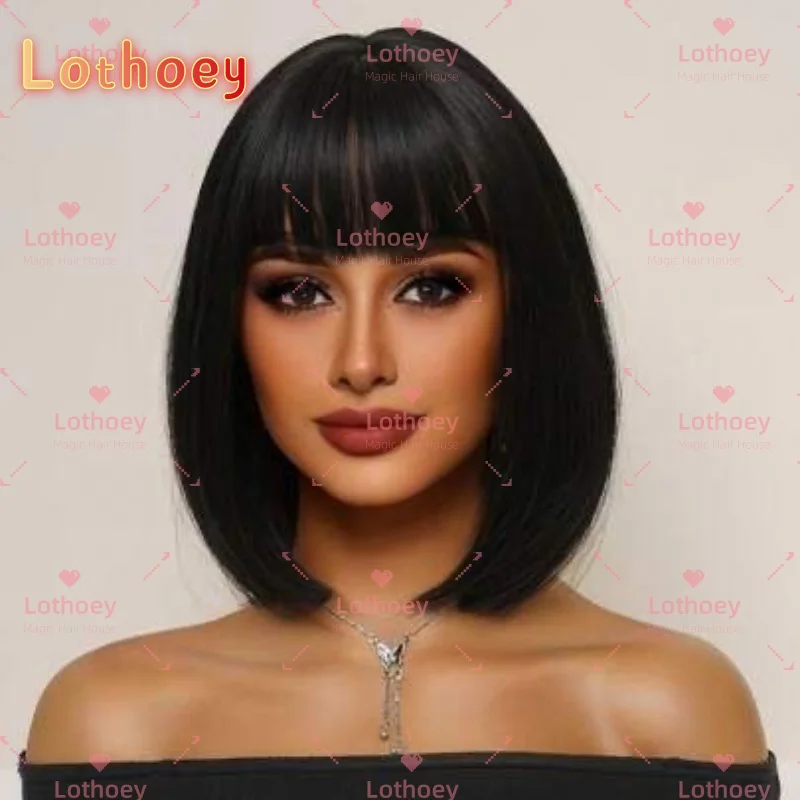 Черный парик с прямой челкой Натуральный блеск без клея Выделенный человеческий парик нескольких длин для чернокожих женщин Парик на шелковой основе Lothoey