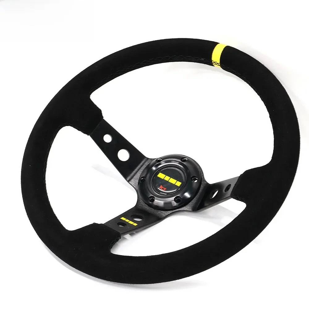 Volant de course profond de 350 mm (14 pouces) en cuir suédé, avec anneau jaune et ligne noire, pour drift et JDM - 2408MO125
