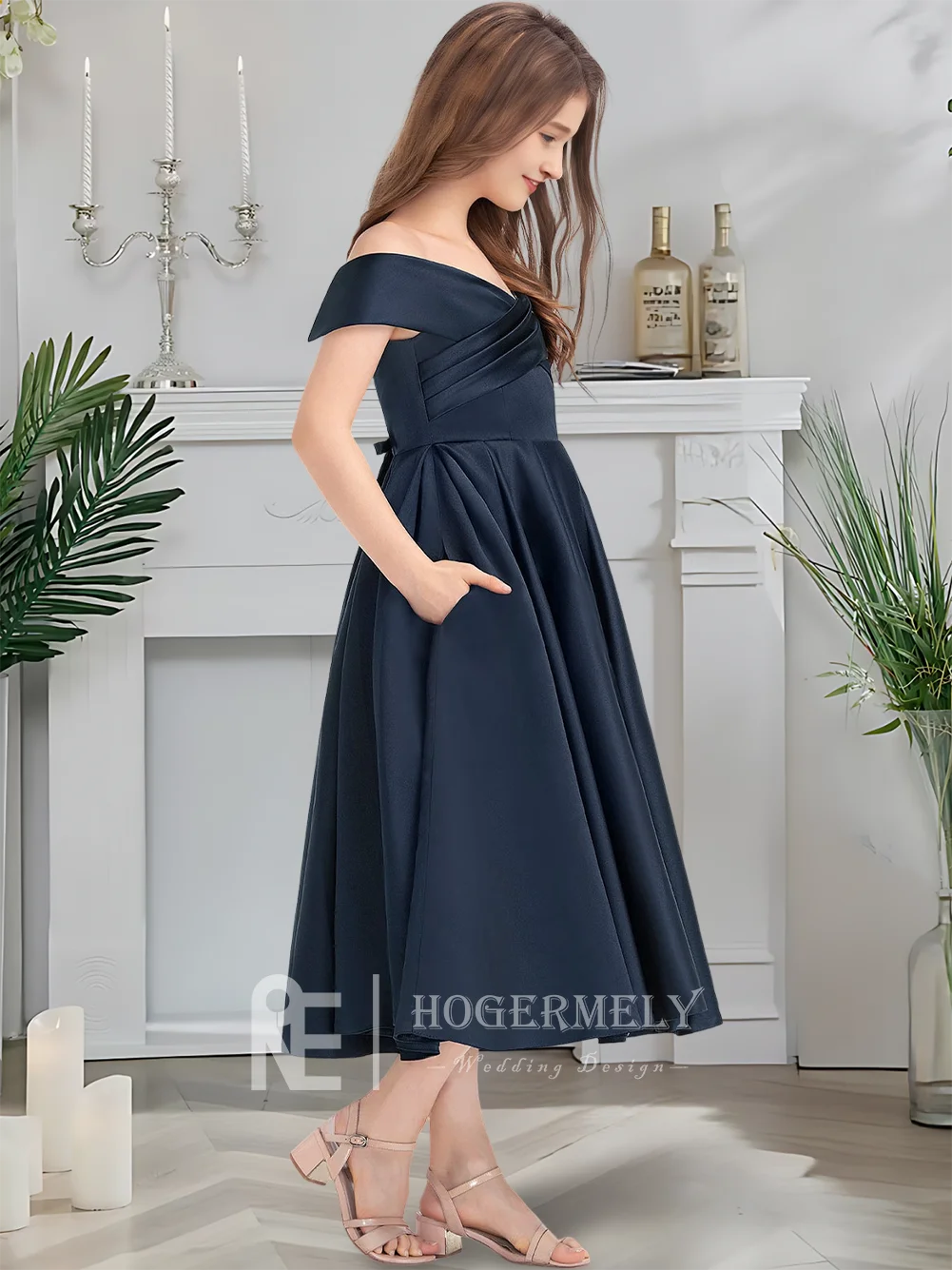 GDH Navy Off Shoulder Junior Bridesmaid Dress Flower Girl Dress Satin Tea Length With Stylish Ruffles For Wedding Event