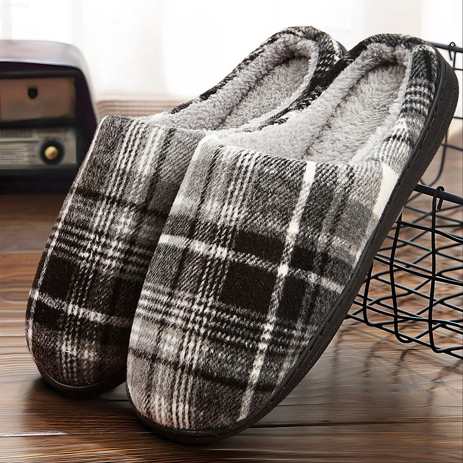 Plaid Men Slippers For Home Memory Foam Soft Non-slip Warm Plush House Shoes Mens Bedroom Slippers Winter Big Size Luxury