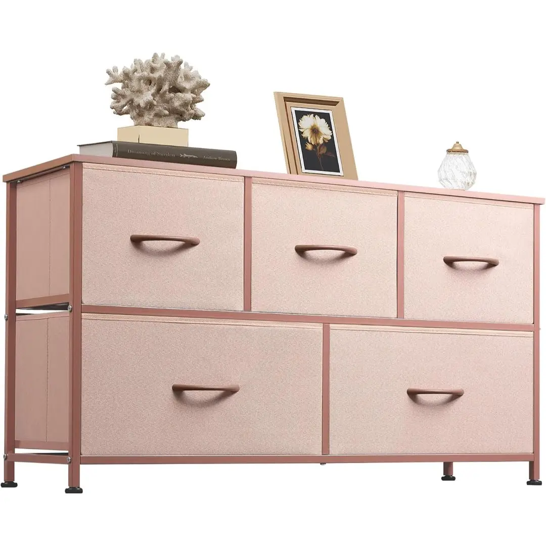 Wide Dresser for Bedroom, 5 Drawer Chest of Drawers, Pink