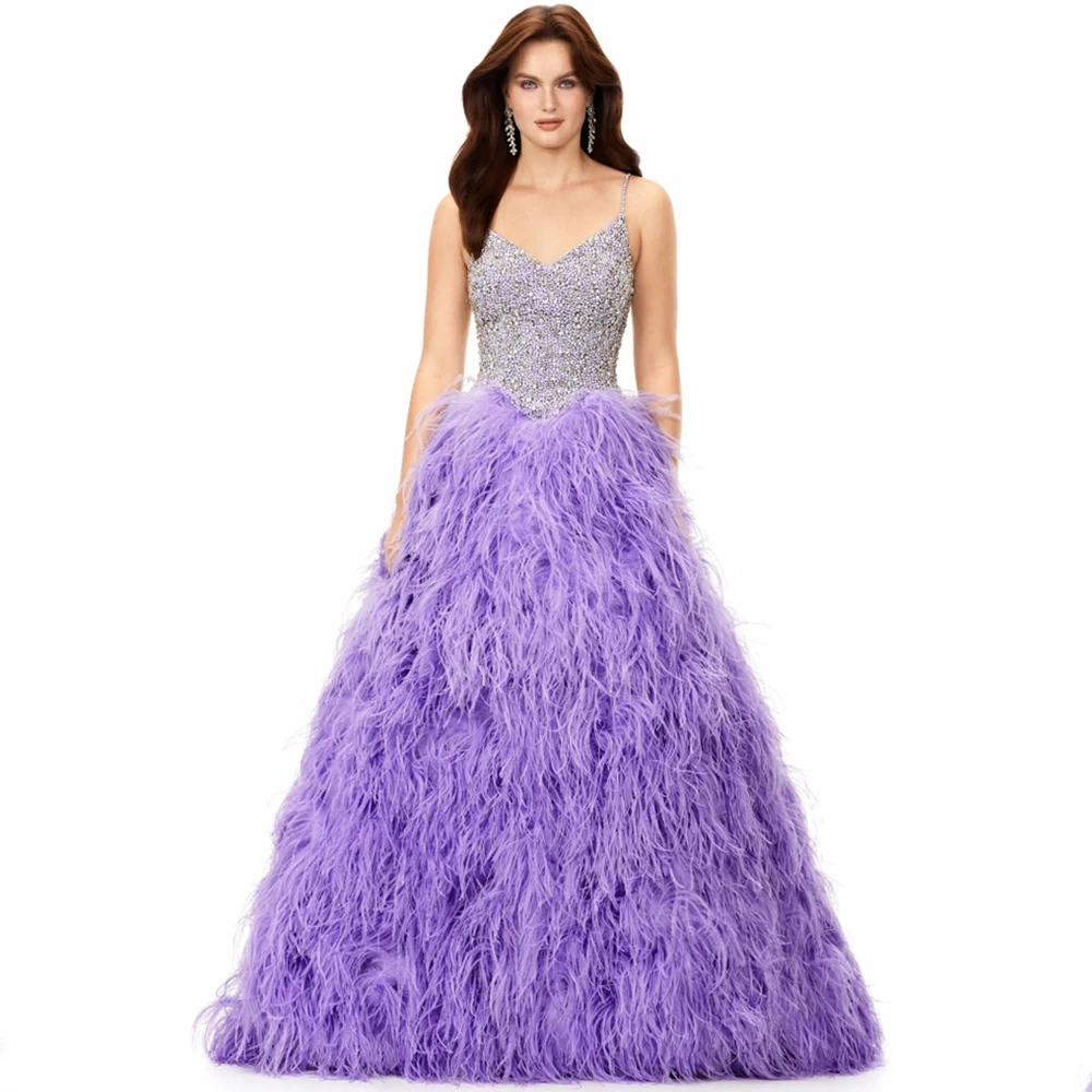 

Luxury Feathers Prom Dress Spaghetti Straps Sleeveless V-Neck with Beading and Crystal A-Line Floor Length Sweep Train Gowns