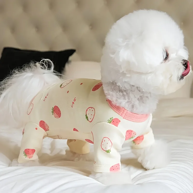 Strawberry Pattern Pet Jumpsuit, Knit Fabric Pullover for Small to Medium Dogs, All-Season Polyester Dog Onesie, Machine Washabl