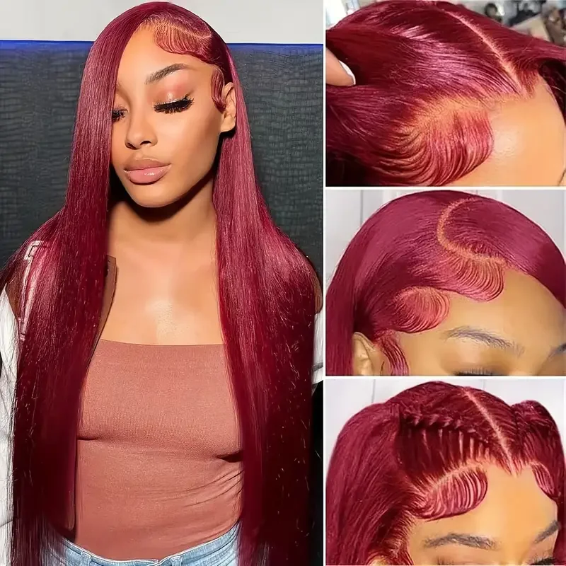 

180% Burgundy Straight Lace Front Human Hair Wigs 13x4 Wine Red Colored 99j Transparent Lace Frontal Wigs 16-32inch