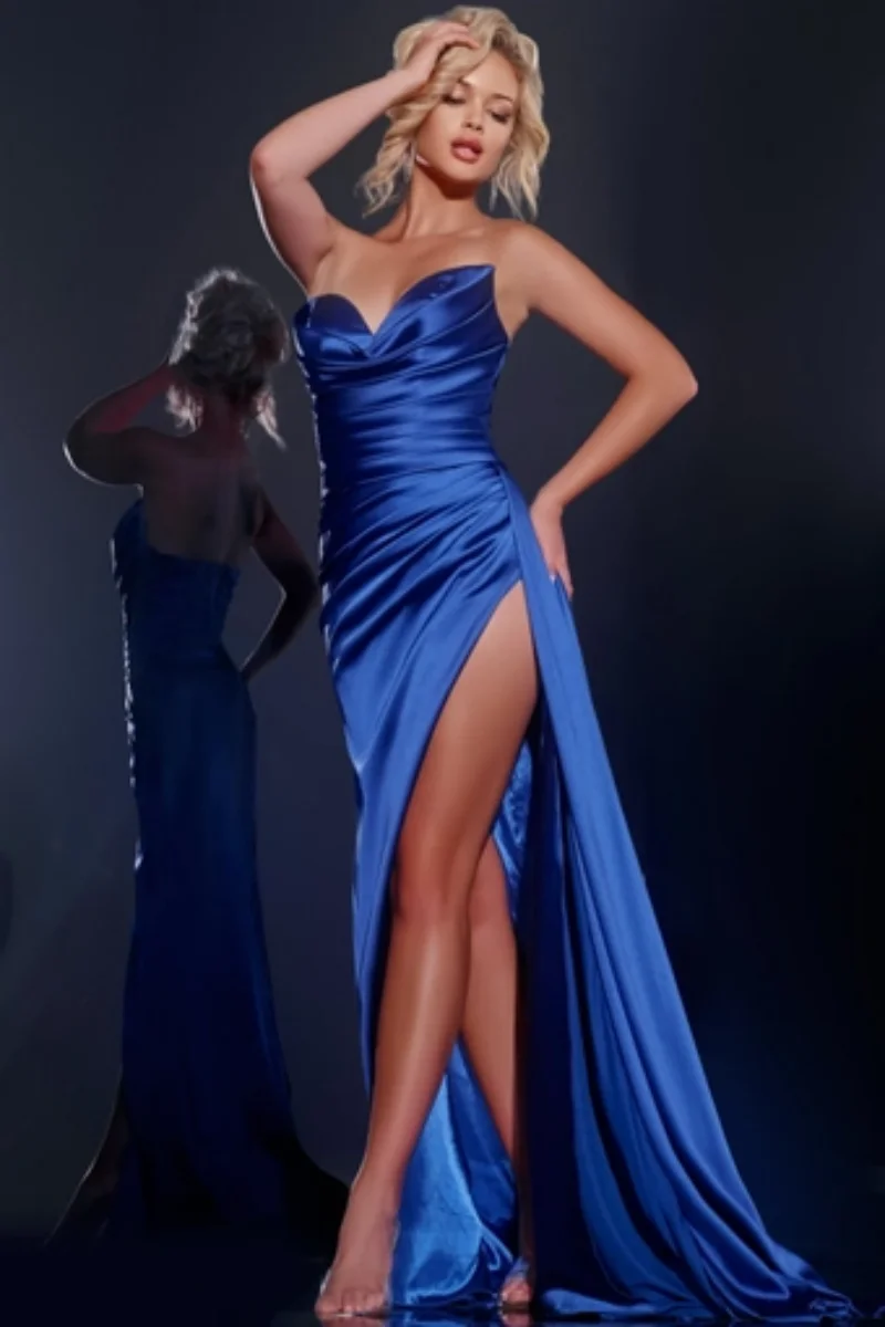 Jessica Blue Evening Dresses Wrinkled Silk Satin Prom Dresses Sexy Off Shoulder Side Slit Party Dress Customized