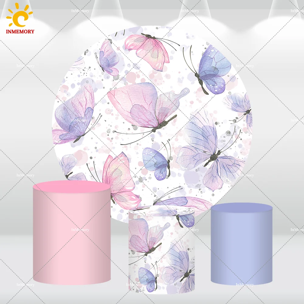 Aquarel Roze Paarse Vlinder Thema Fotografie Achtergrond Cirkel Kinderen Verjaardagsfeestje Baby Shower Ronde Achtergrond Cover