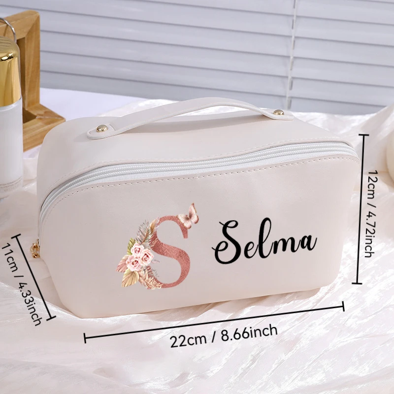 Personalized Initial Floral Toiletry Bag Custom Name Large Capacity Makeup Bag, Portable Travel Cosmetic Organizer with Multiple