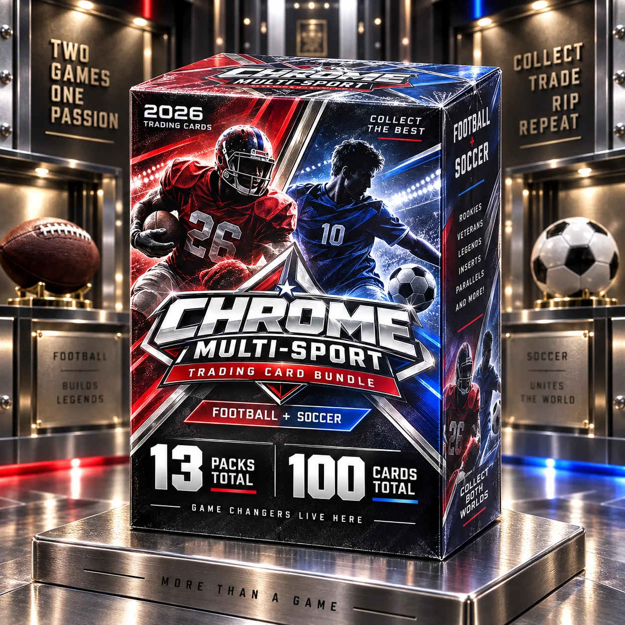 2026 Football Blaster Box + Topps Chrome MLS Soccer Blaster Box, 100 Cards Total Multi-Sport Trading Card Bundle for Sports Collectors, Hobby Displays, Pack Opening Events & Collection Expansion